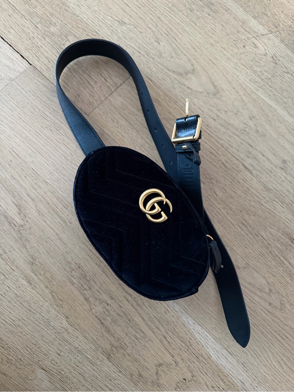 Gucci Black Velvet Crossbody Belt Bag with Gold GG Hardware